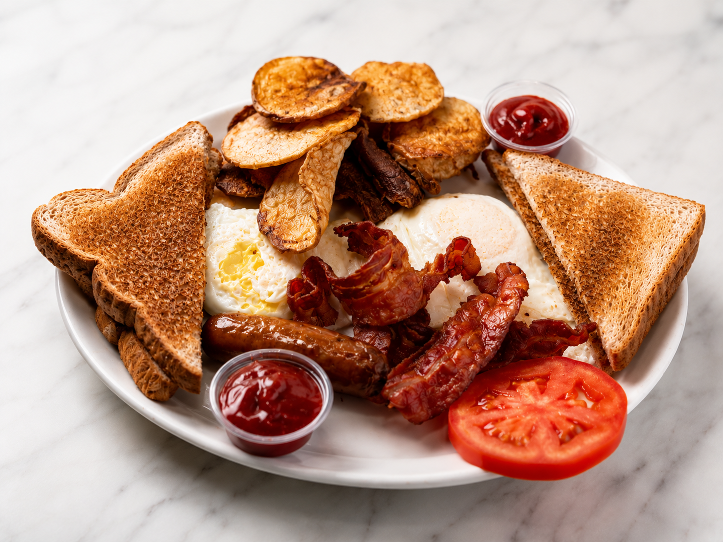Copoli breakfast platter with eggs, bacon, sausage, home fries and toast